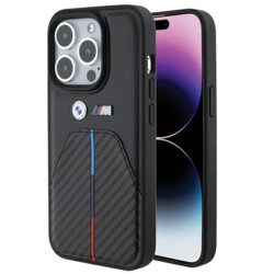 Husa BMW iPhone 15 Pro Leather Stamped Tricolor Stripe, negru, BMHCP15L22NSTB