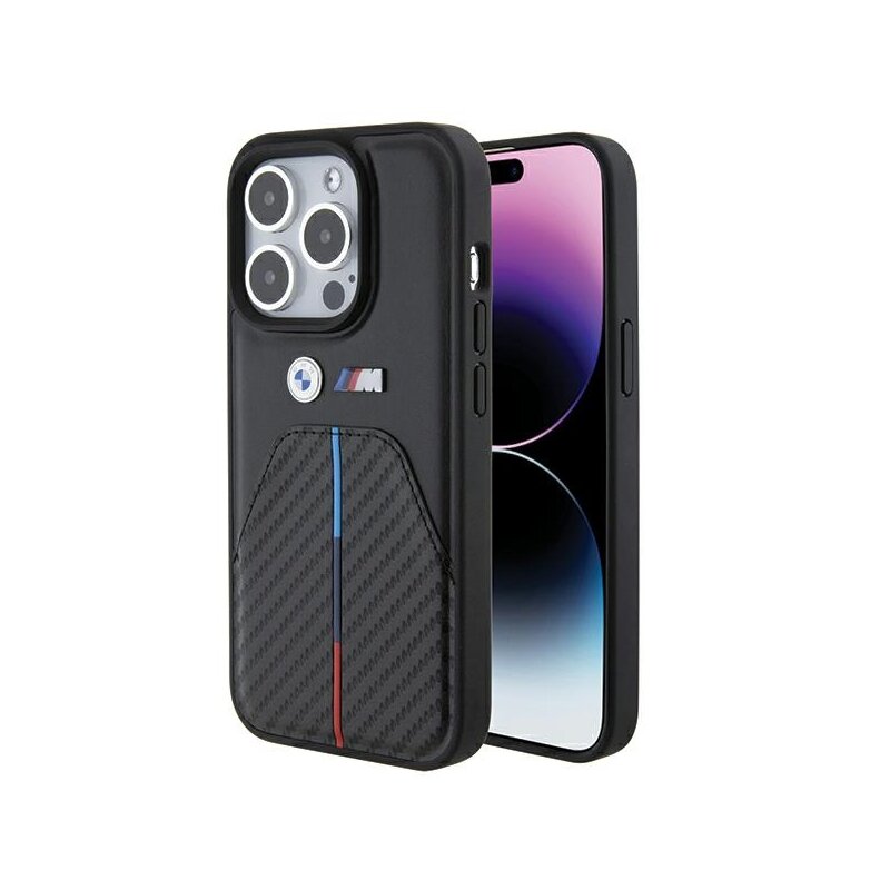 Husa BMW iPhone 15 Pro Leather Stamped Tricolor Stripe, negru, BMHCP15L22NSTB