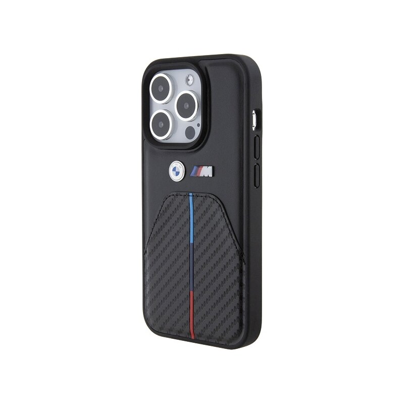 Husa BMW iPhone 15 Pro Leather Stamped Tricolor Stripe, negru, BMHCP15L22NSTB
