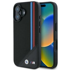 Husa BMW iPhone 16 Leather M Meshed Tricolor Stripes MagSafe, negru, BMHMP16S23PUTRK