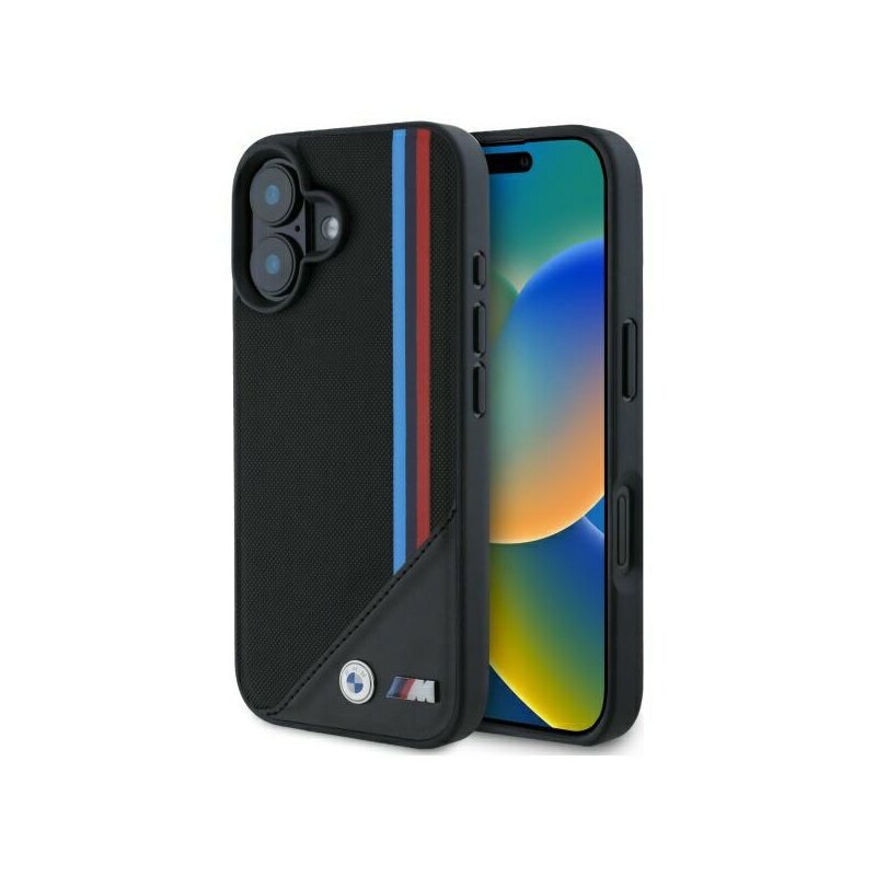 Husa BMW iPhone 16 Leather M Meshed Tricolor Stripes MagSafe, negru, BMHMP16S23PUTRK