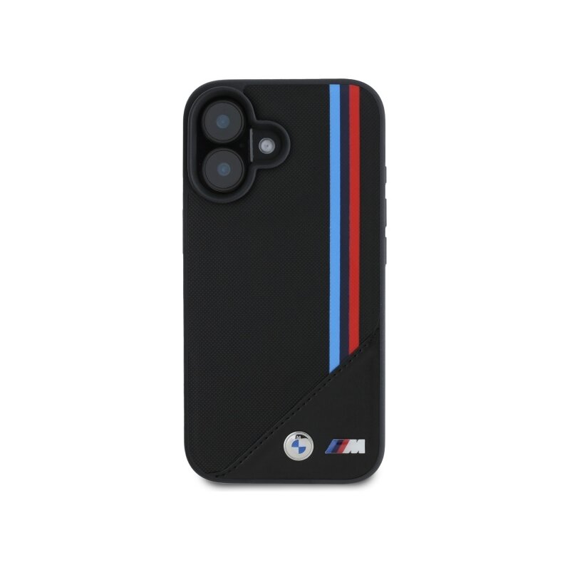 Husa BMW iPhone 16 Leather M Meshed Tricolor Stripes MagSafe, negru, BMHMP16S23PUTRK