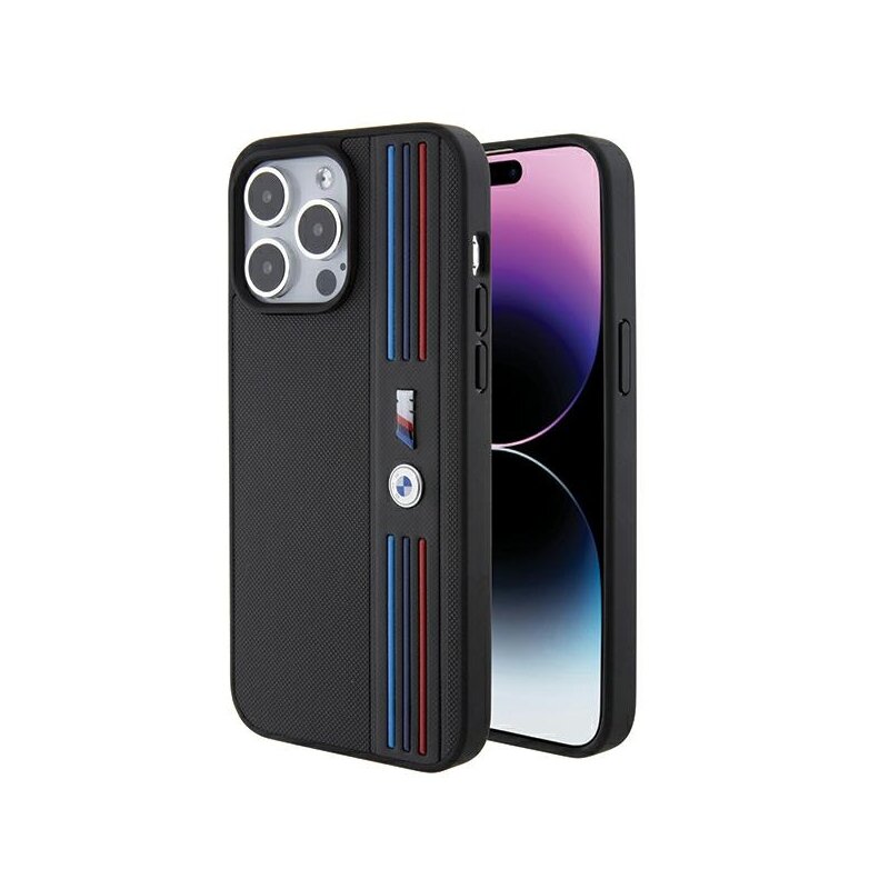 Husa BMW iPhone 15 Pro Leather Tricolor M Collection, negru, BMHCP15L22PPMK