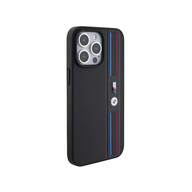 Husa BMW iPhone 15 Pro Leather Tricolor M Collection, negru, BMHCP15L22PPMK