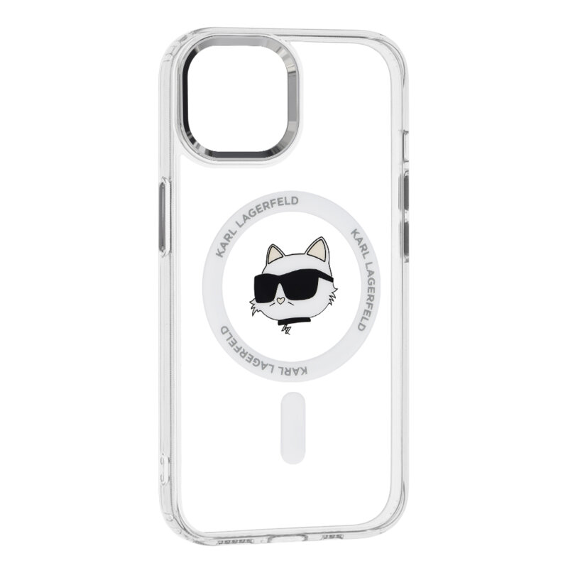 Husa iPhone 15 Plus Karl Lagerfeld IML MagSafe, Metal Choupette`s Head, alb, KLHMP15MHLSCHH