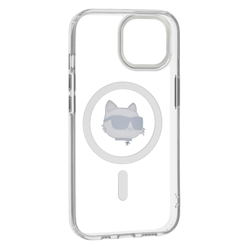 Husa iPhone 15 Plus Karl Lagerfeld IML MagSafe, Metal Choupette`s Head, alb, KLHMP15MHLSCHH