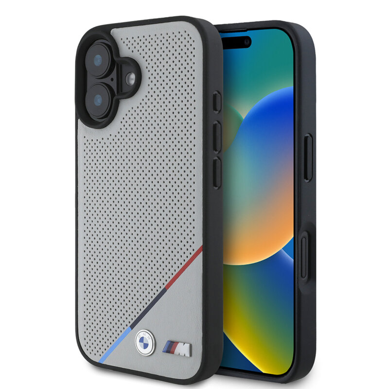 Husa BMW iPhone 16 Hardcase M Perforated Tricolor Line MagSafe, gri, BMHMP16S23PUPDG