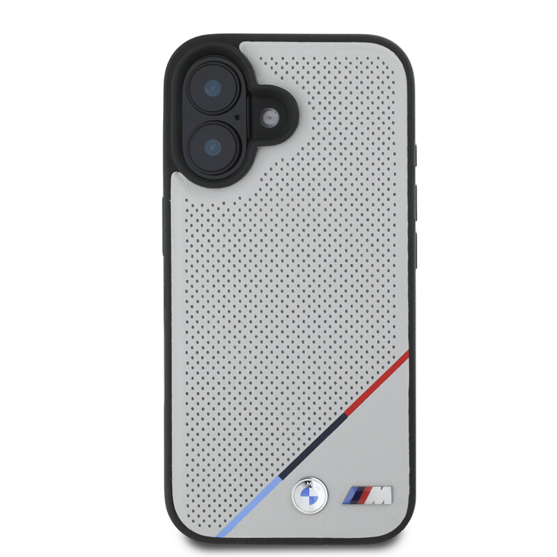 Husa BMW iPhone 16 Hardcase M Perforated Tricolor Line MagSafe, gri, BMHMP16S23PUPDG