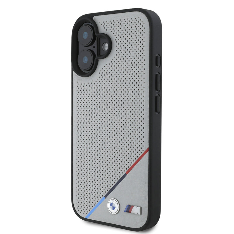 Husa BMW iPhone 16 Hardcase M Perforated Tricolor Line MagSafe, gri, BMHMP16S23PUPDG