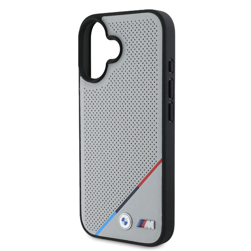 Husa BMW iPhone 16 Hardcase M Perforated Tricolor Line MagSafe, gri, BMHMP16S23PUPDG
