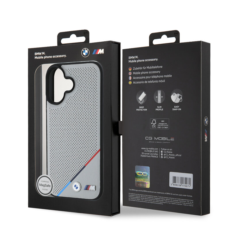 Husa BMW iPhone 16 Hardcase M Perforated Tricolor Line MagSafe, gri, BMHMP16S23PUPDG
