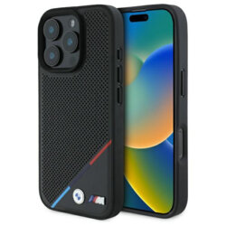 Husa BMW iPhone 16 Pro Max Hardcase M Perforated Tricolor Line MagSafe, negru, BMHMP16X23PUPDK