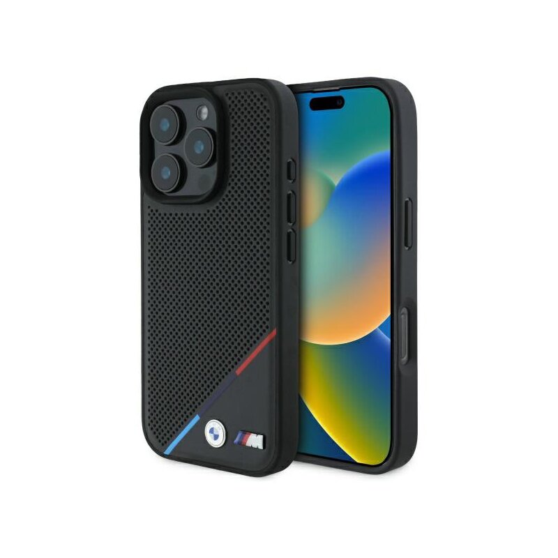 Husa BMW iPhone 16 Pro Max Hardcase M Perforated Tricolor Line MagSafe, negru, BMHMP16X23PUPDK