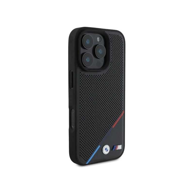 Husa BMW iPhone 16 Pro Max Hardcase M Perforated Tricolor Line MagSafe, negru, BMHMP16X23PUPDK