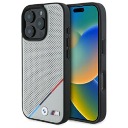 Husa BMW iPhone 16 Pro Max Hardcase M Perforated Tricolor Line MagSafe, gri, BMHMP16X23PUPDG