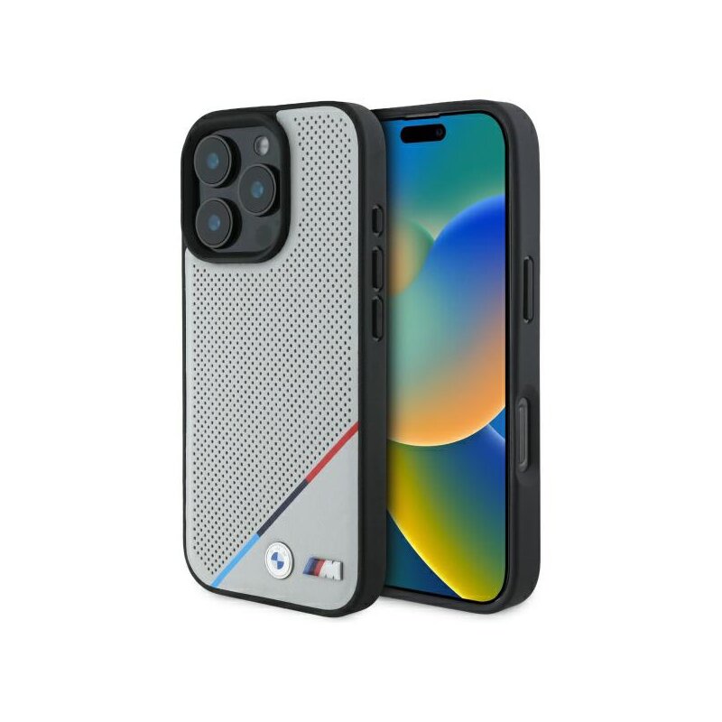 Husa BMW iPhone 16 Pro Max Hardcase M Perforated Tricolor Line MagSafe, gri, BMHMP16X23PUPDG