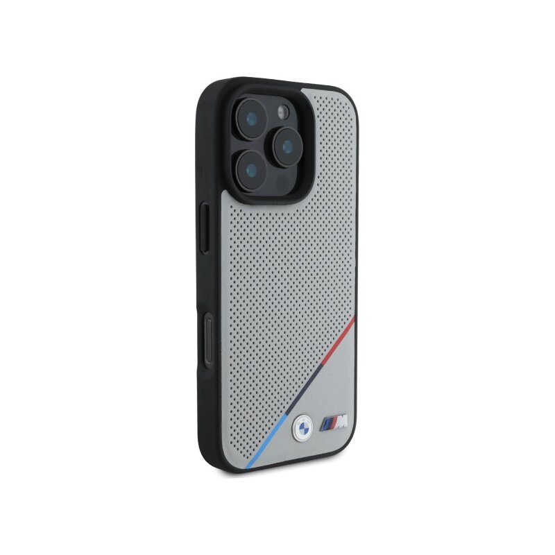 Husa BMW iPhone 16 Pro Max Hardcase M Perforated Tricolor Line MagSafe, gri, BMHMP16X23PUPDG