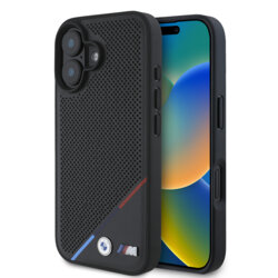 Husa BMW iPhone 16 Plus Hardcase M Perforated Tricolor Line MagSafe, negru, BMHMP16M23PUPDK