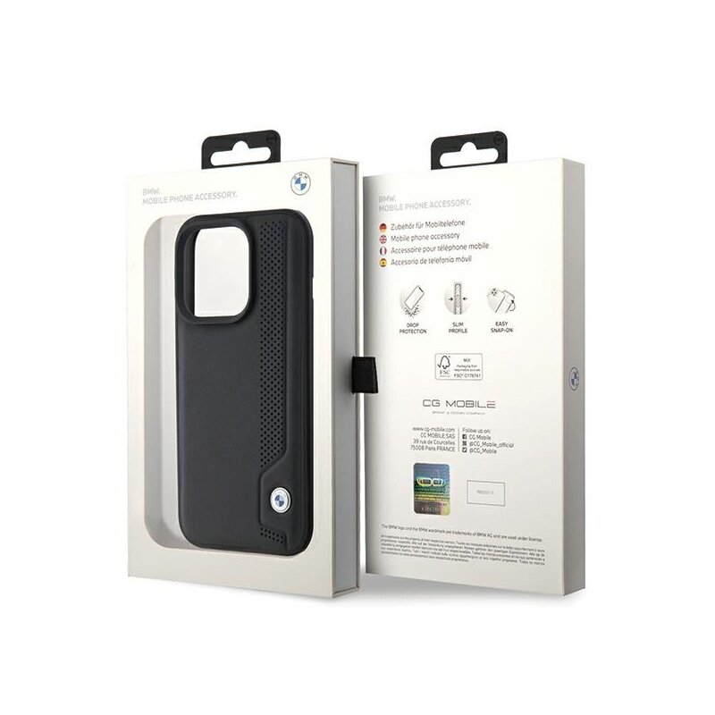 Husa BMW iPhone 15 Pro Max Hardcase Perforated Leather Blue Dots, negru, BMHCP15X22RBDK