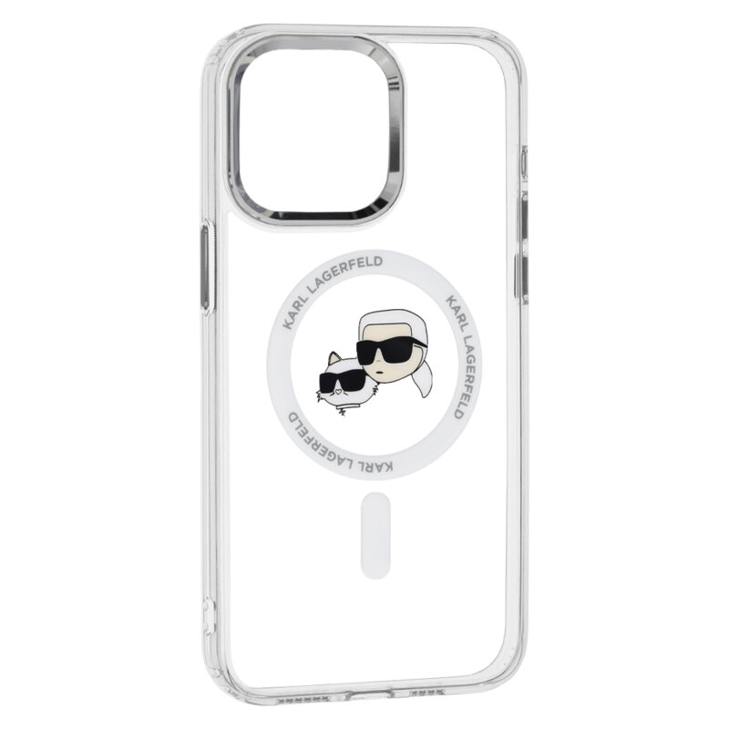 Husa iPhone 15 Pro Karl Lagerfeld IML MagSafe, Metal Karl&Choupette Head, alb, KLHMP15LHLSKCH