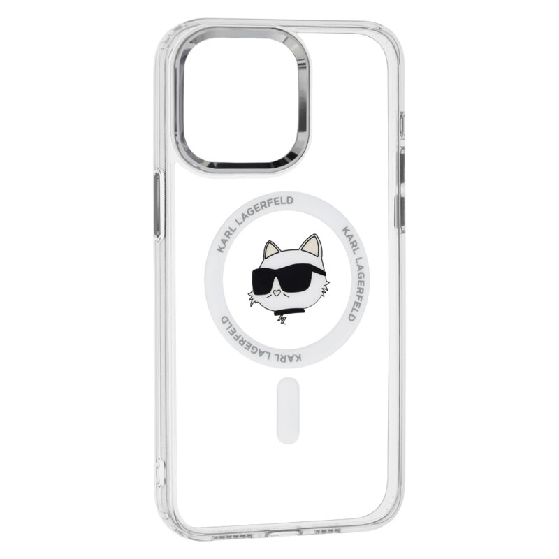 Husa iPhone 15 Pro Max Karl Lagerfeld IML MagSafe, Metal Choupette`s Head, alb, KLHMP15XHLSCHH