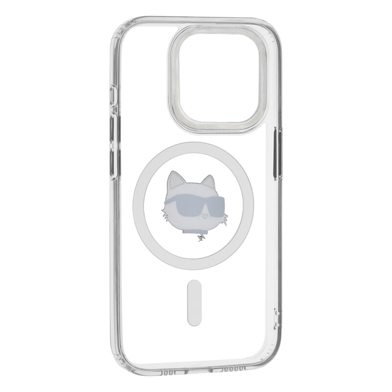 Husa iPhone 15 Pro Max Karl Lagerfeld IML MagSafe, Metal Choupette`s Head, alb, KLHMP15XHLSCHH