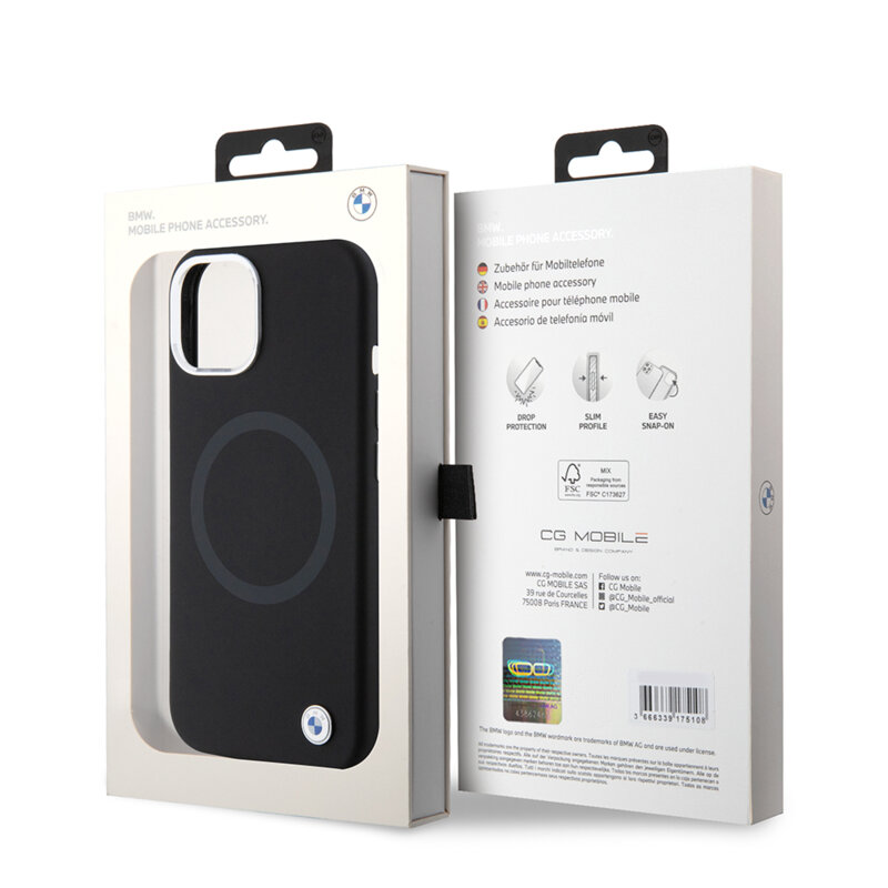 Husa BMW iPhone 15 Plus Signature Liquid Silicone MagSafe, negru, BMHMP15MSILBK2