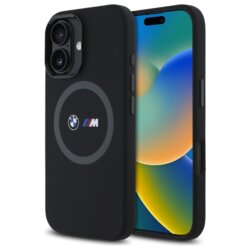 Husa BMW iPhone 16 Hardcase M Silicone Printed Ring MagSafe, negru, BMHMP16S23SROK