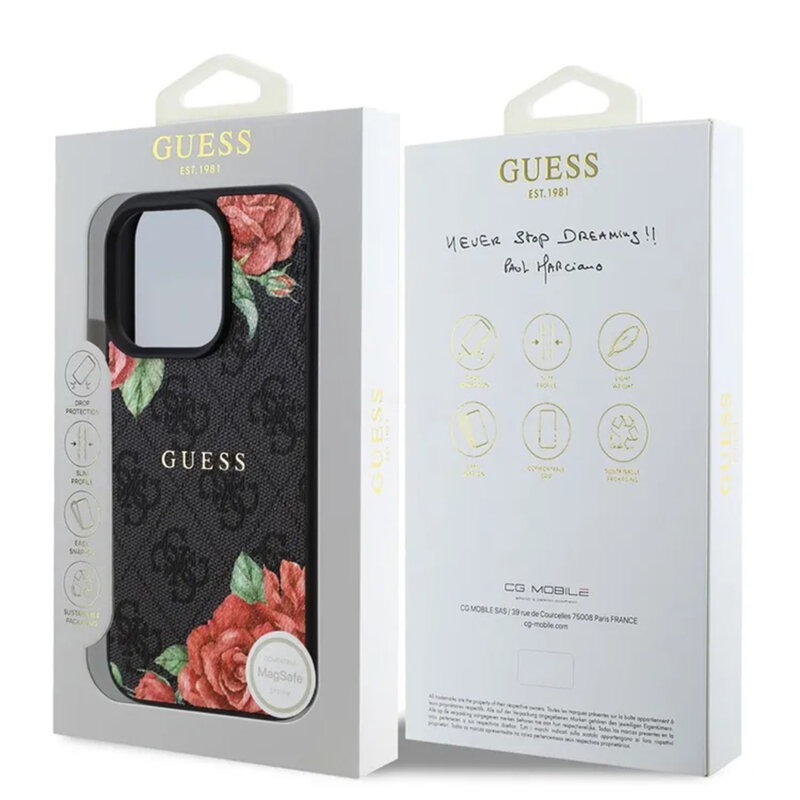 Husa originala Guess iPhone 16 Pro Hardcase 4G Flower Print MagSafe, negru, GUHMP16LP4ROPEMCK