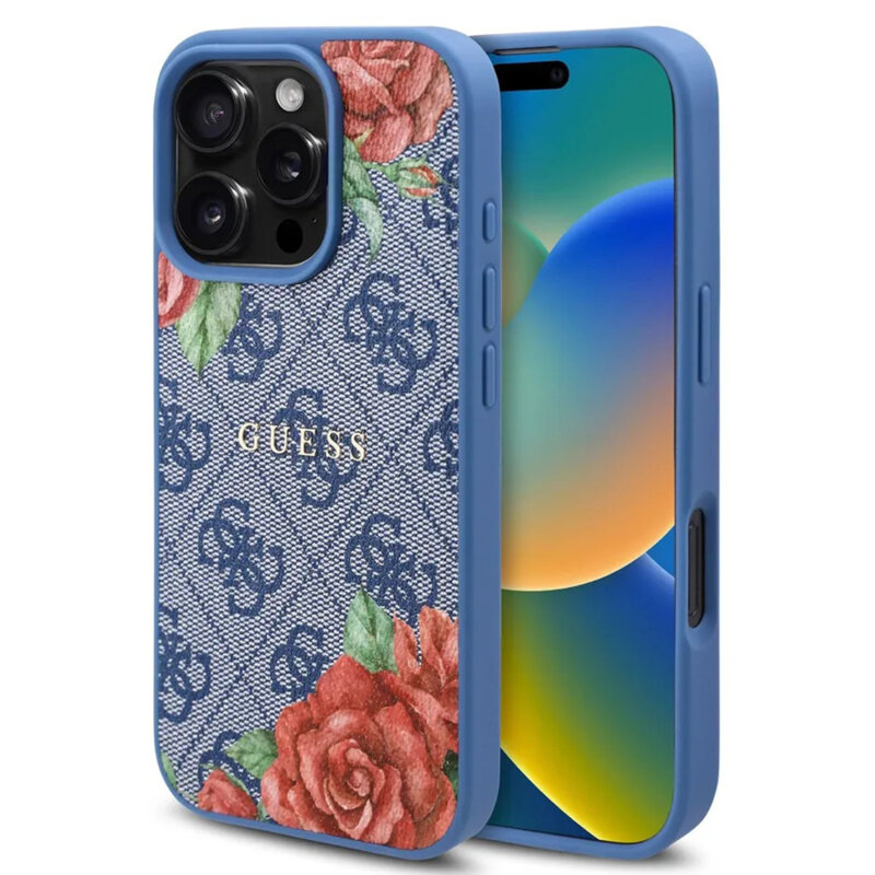 Husa originala Guess iPhone 16 Pro Hardcase 4G Flower Print MagSafe, albastru, GUHMP16LP4ROPEMCB