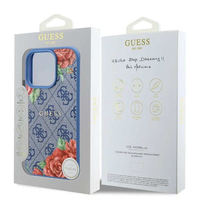 Husa originala Guess iPhone 16 Pro Hardcase 4G Flower Print MagSafe, albastru, GUHMP16LP4ROPEMCB