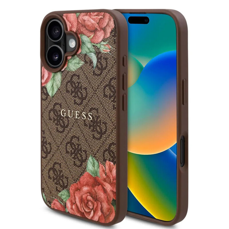 Husa originala Guess iPhone 16 Hardcase 4G Flower Print MagSafe, maro, GUHMP16SP4ROPEMCW