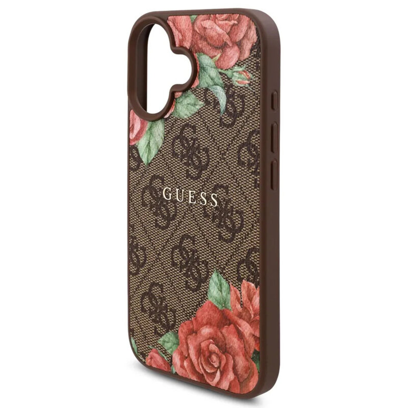 Husa originala Guess iPhone 16 Hardcase 4G Flower Print MagSafe, maro, GUHMP16SP4ROPEMCW