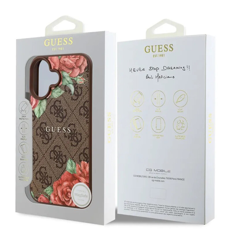 Husa originala Guess iPhone 16 Hardcase 4G Flower Print MagSafe, maro, GUHMP16SP4ROPEMCW