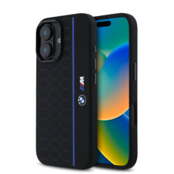 Husa BMW iPhone 16 Hardcase Silicone Hexagon Blue Line MagSafe, negru, BMHMP16S23SHEB
