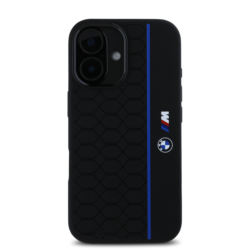 Husa BMW iPhone 16 Hardcase Silicone Hexagon Blue Line MagSafe, negru, BMHMP16S23SHEB