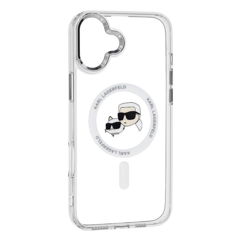 Husa iPhone 16 Plus Karl Lagerfeld IML MagSafe, Metal Karl&Choupette Head, alb, KLHMP16MHLSKCH