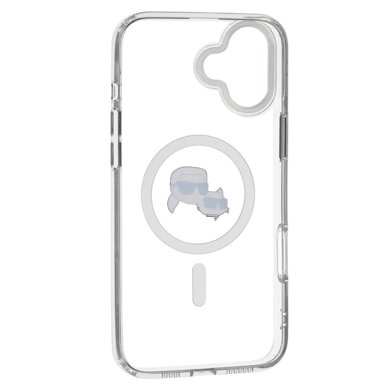 Husa iPhone 16 Plus Karl Lagerfeld IML MagSafe, Metal Karl&Choupette Head, alb, KLHMP16MHLSKCH