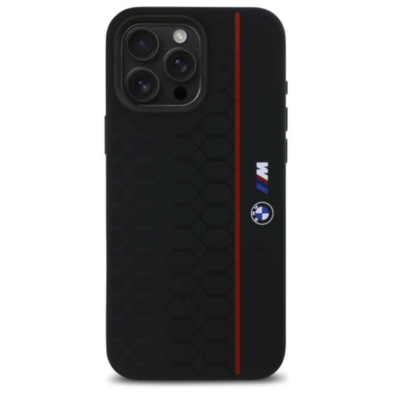 Husa BMW iPhone 16 Pro Max Hardcase Silicone Hexagon Red Line MagSafe, negru, BMHMP16X23SHER