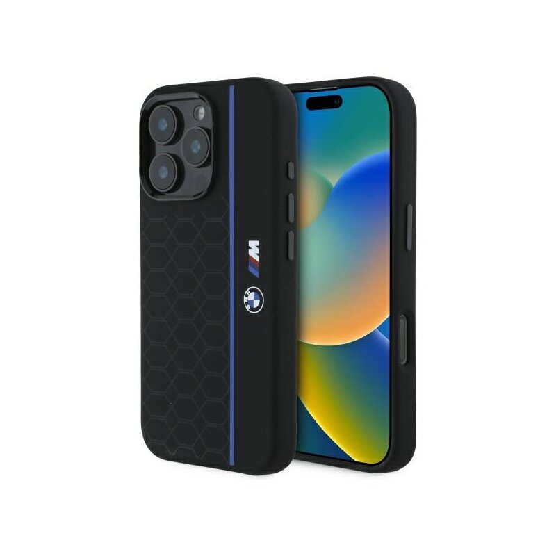 Husa BMW iPhone 16 Pro Max Hardcase Silicone Hexagon Blue Line MagSafe, negru, BMHMP16X23SHEB
