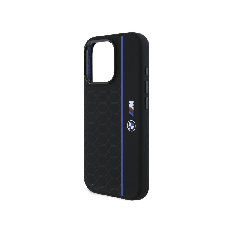 Husa BMW iPhone 16 Pro Max Hardcase Silicone Hexagon Blue Line MagSafe, negru, BMHMP16X23SHEB