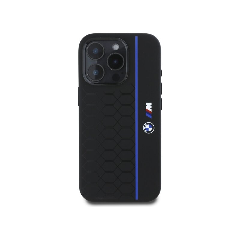 Husa BMW iPhone 16 Pro Hardcase Silicone Hexagon Blue Line MagSafe, negru, BMHMP16L23SHEB
