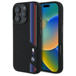 Husa BMW iPhone 16 Pro Max Hardcase Silicone Cut Tricolor Lines MagSafe, negru, BMHMP16X23SCUK
