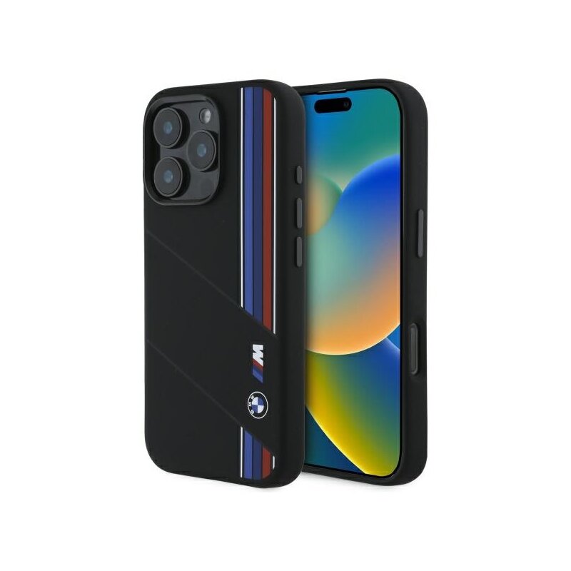 Husa BMW iPhone 16 Pro Max Hardcase Silicone Cut Tricolor Lines MagSafe, negru, BMHMP16X23SCUK
