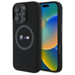 Husa BMW iPhone 16 Pro Max Hardcase M Silicone Printed Ring MagSafe, negru, BMHMP16X23SROK