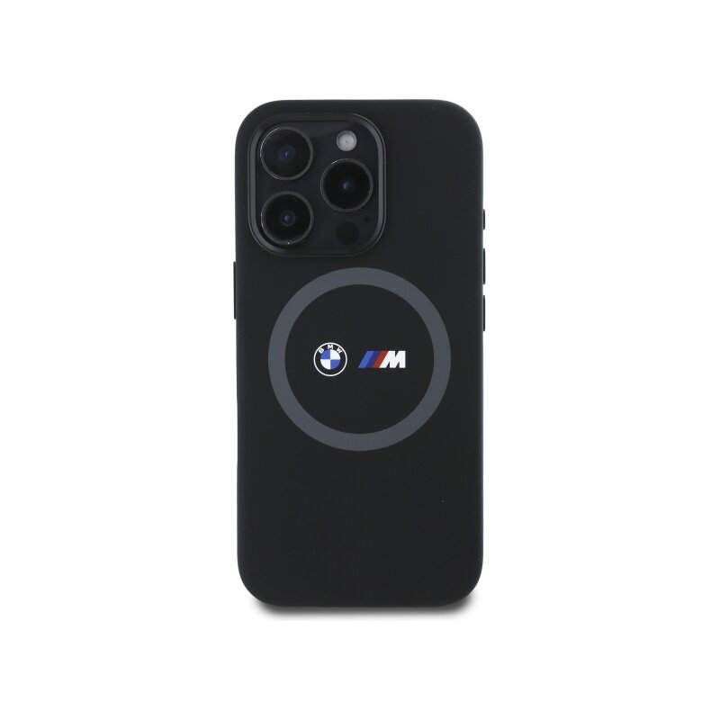 Husa BMW iPhone 16 Pro Max Hardcase M Silicone Printed Ring MagSafe, negru, BMHMP16X23SROK