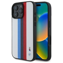 Husa BMW iPhone 16 Pro Max Hardcase Perforated M Perf. Tricolor Printed Stripes MagSafe, alb, BMHMP16X23PUPTH