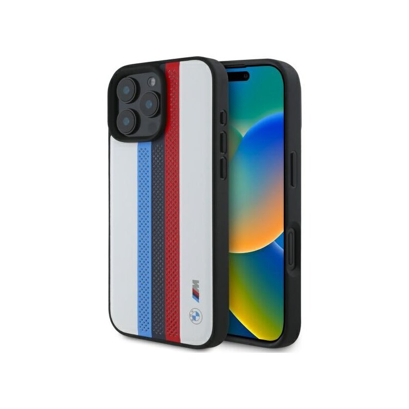 Husa BMW iPhone 16 Pro Max Hardcase Perforated M Perf. Tricolor Printed Stripes MagSafe, alb, BMHMP16X23PUPTH