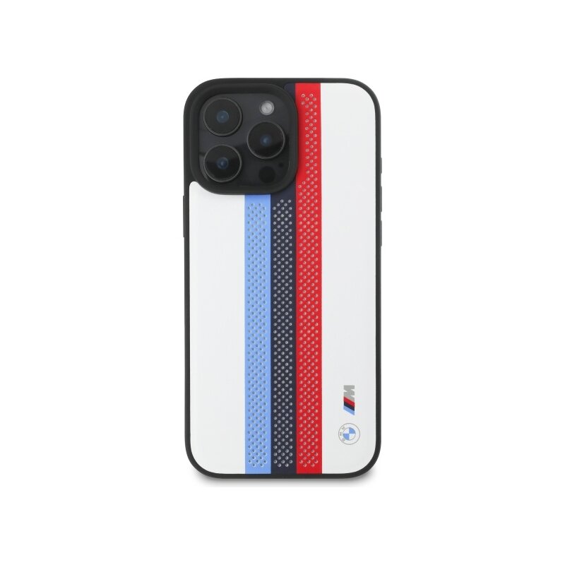 Husa BMW iPhone 16 Pro Max Hardcase Perforated M Perf. Tricolor Printed Stripes MagSafe, alb, BMHMP16X23PUPTH
