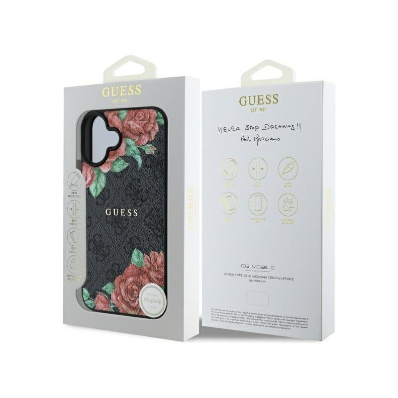 Husa originala Guess iPhone 16 Hardcase 4G Flower Print MagSafe, negru, GUHMP16SP4ROPEMCK